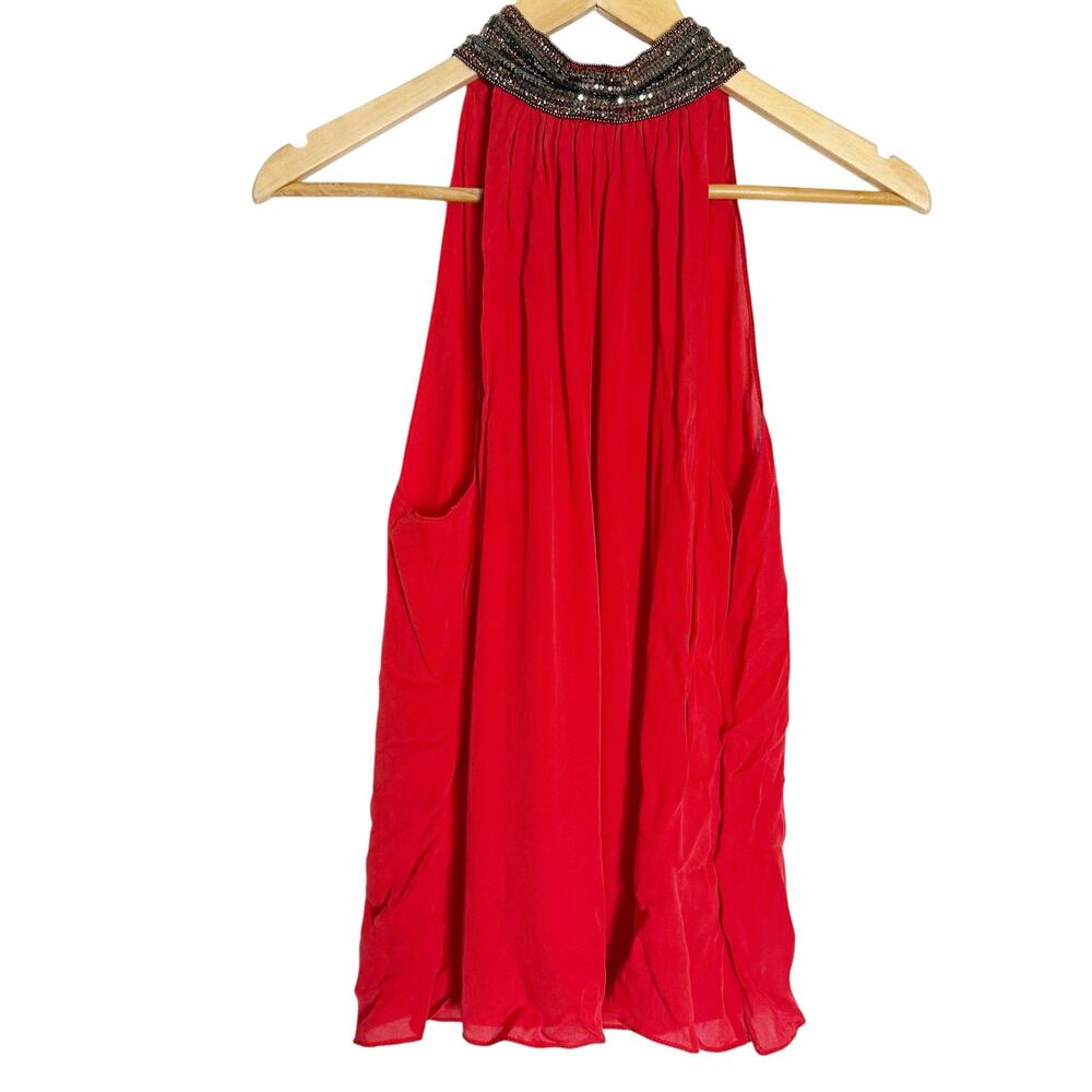 Ramy Brook Red 100% Silk Halter Neck Sleeveless Beaded Embellished Top M